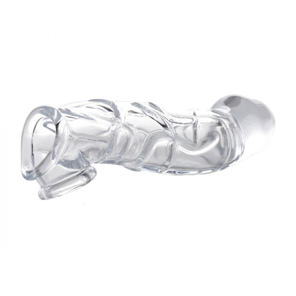 Close-up of a clear, smooth, 2-inch penis extender sleeve by Size Matters.