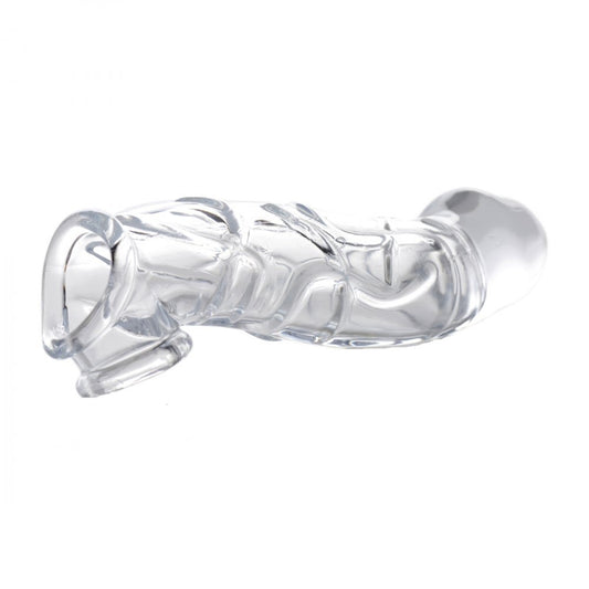 Close-up of a clear, smooth, 2-inch penis extender sleeve by Size Matters.