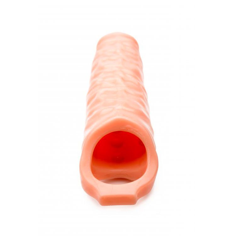 Flesh-coloured size matters 3 inch penis extender sleeve, smooth finish, close-up view.