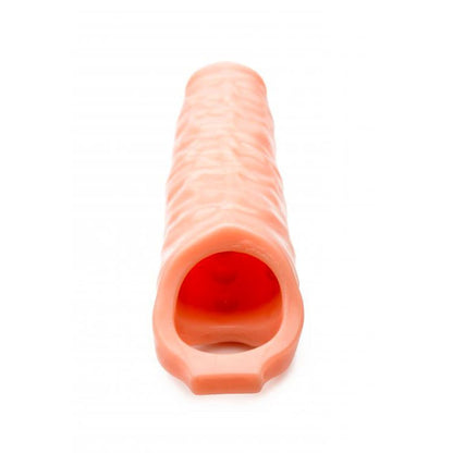 Flesh-coloured size matters 3 inch penis extender sleeve, smooth finish, close-up view.