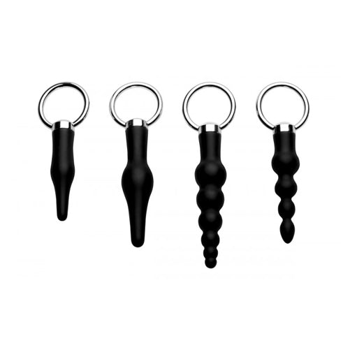 Master Series silicone anal ringed rimmer set, four pieces with varying diameters.