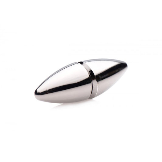 Close-up of master series magnetic nipple clamps; silver-tone metal with smooth, polished finish.