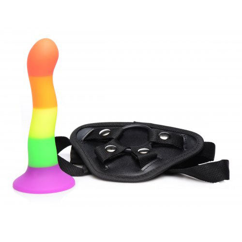 Proud rainbow silicone strap on dildo with adjustable harness for comfortable, hands-free fun.