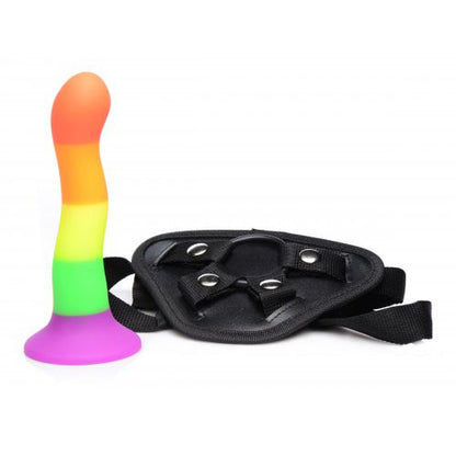 Proud rainbow silicone strap on dildo with adjustable harness for comfortable, hands-free fun.