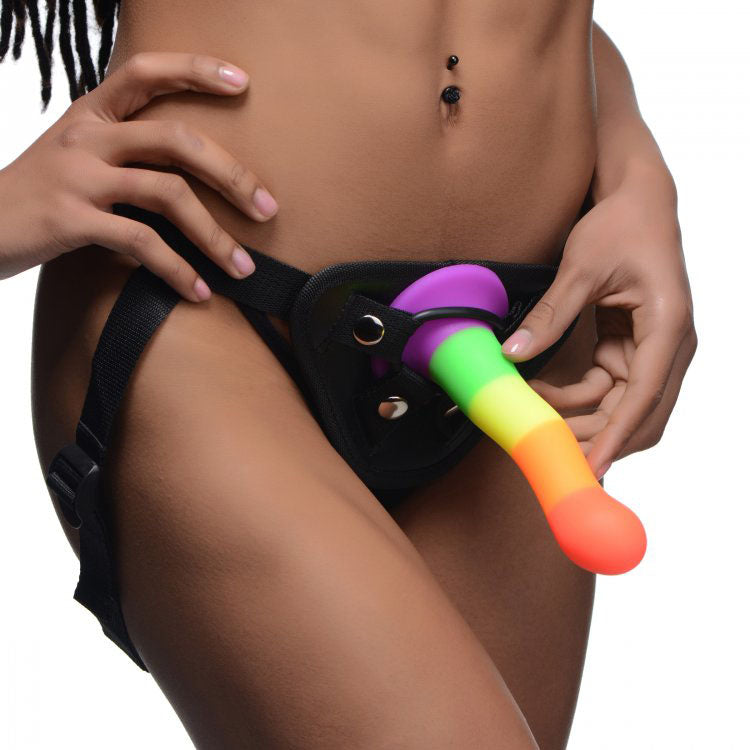 Rainbow coloured silicone dildo with adjustable black harness, a proud strap-on dildo.