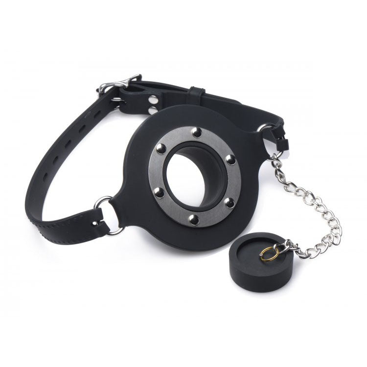 Black silicone pie hole gag, a kinky toy for feeding and restraint play