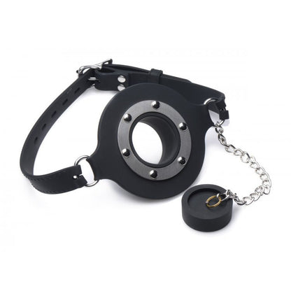 Black silicone pie hole gag, a kinky toy for feeding and restraint play