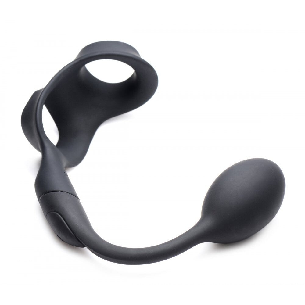 Black silicone cock and ball ring with attached butt plug for male pleasure and tail play
