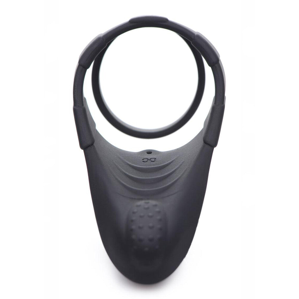 Rechargeable silicone cock ring in dark grey; a vibrator love ring for enhancing pleasure.