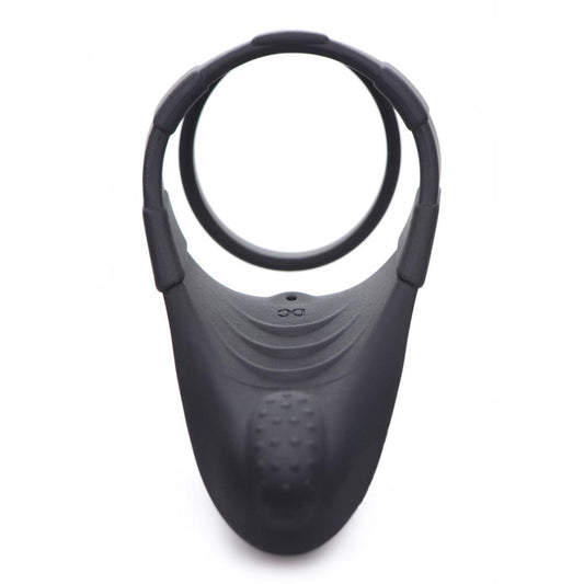 Rechargeable silicone cock ring in dark grey; a vibrator love ring for enhancing pleasure.