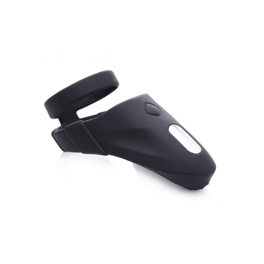 xr brands trinity 10x rechargeable love ring vibrator, made of smooth silicone in purple.