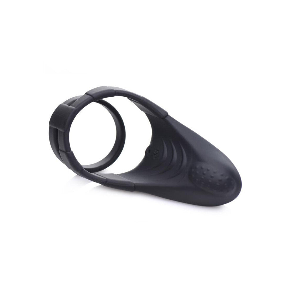 Rechargeable silicone cock ring in purple, with a textured surface for enhanced sensation.