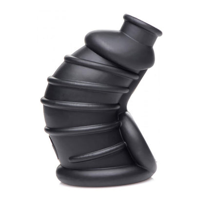 A dark chamber male chastity cage made of black silicone from Master Series.