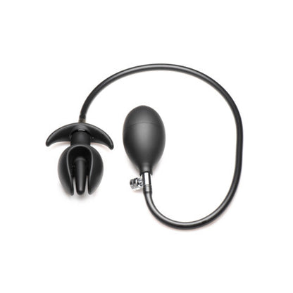 An inflatable anal plug, black with a silver-coloured anchor-shaped base for comfortable play.