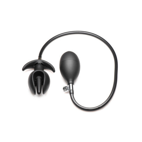 An inflatable anal plug, black with a silver-coloured anchor-shaped base for comfortable play.