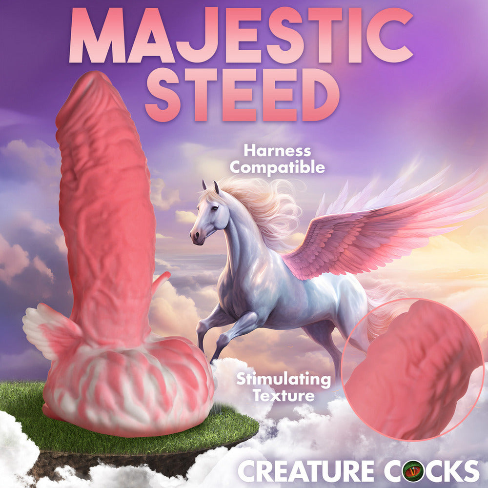 A pearlescent white, fantasy-style dildo with prominent veins and a textured, ridged shaft.