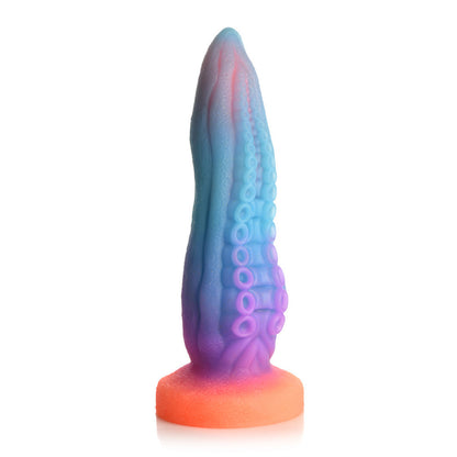 Glow in the dark tentacle-shaped dildo for adult use, made of a flexible material.