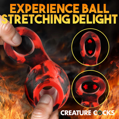 A red silicone love ring, the 'hell hound girth enhancer', for bedroom fun.