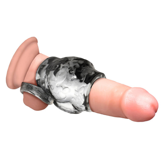 Black metal night prowler ball stretcher, part of a bondage cock ring set.