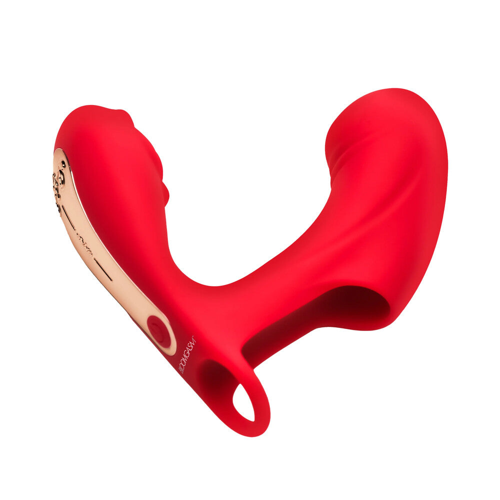 rose touch finger vibrator, made of pink silicone, with a gentle pulsing action.