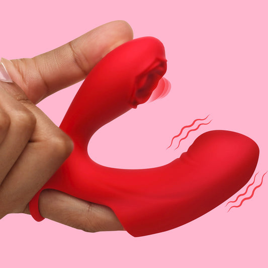 Rose-pink silicone finger vibrator, featuring a textured touch and subtle pulsing action for pleasure.