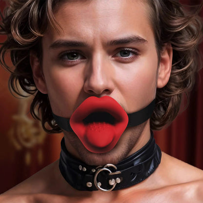 Black master series vibrating sissy mouth gag, a kinky restraint for playful submission.
