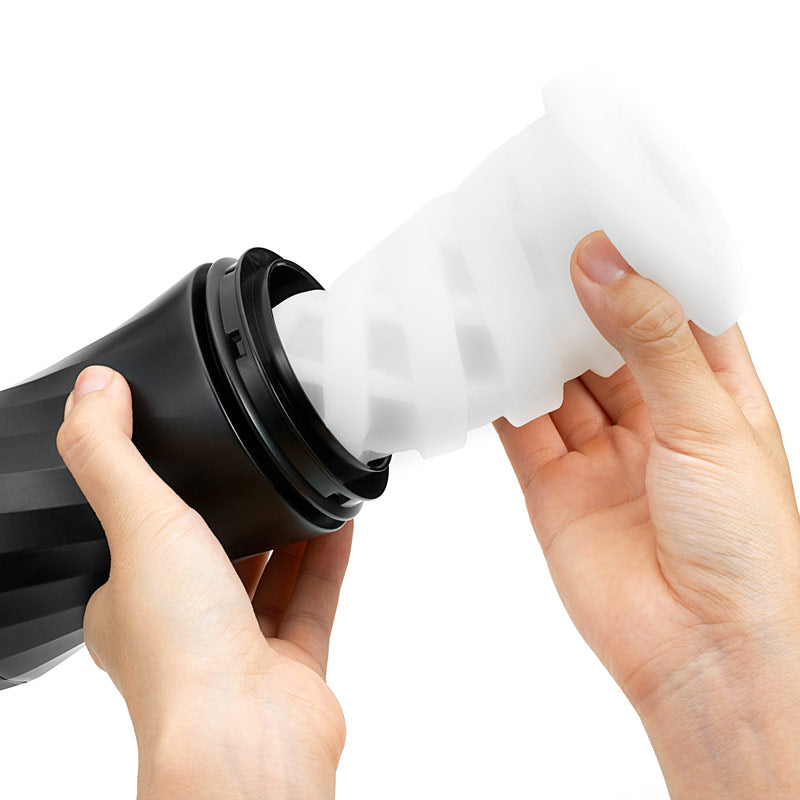 Close-up of a textured, reusable tenga air-tech twist ripple vacuum cup for men.
