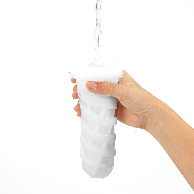 The tenga air tech twist ripple, a reusable masturbator vacuum cup in translucent grey.