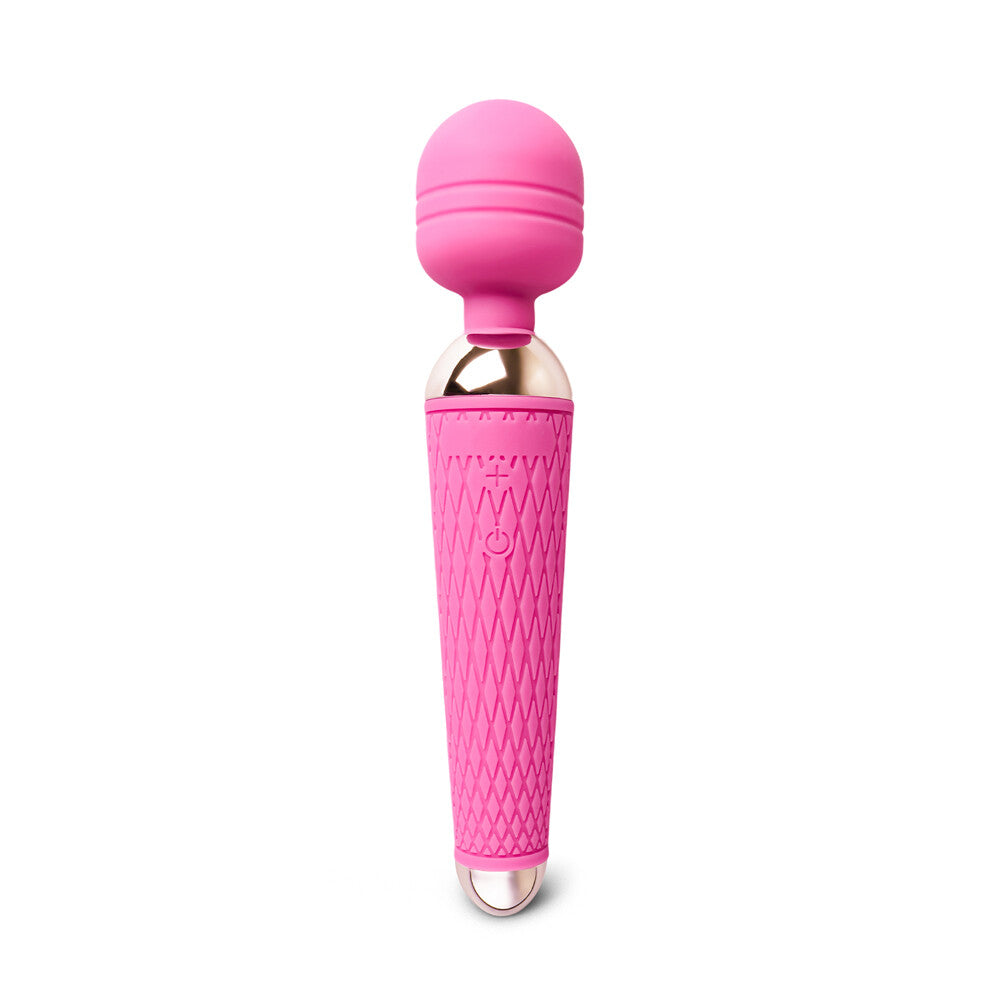 A rechargeable pink magic wand massager with ten speeds, for personal relaxation.