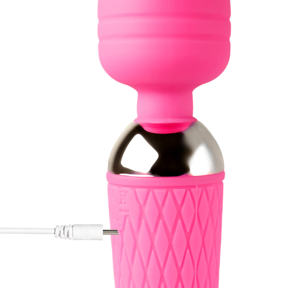 Pink rechargeable magic wand massager with ten speeds, designed for personal relaxation.