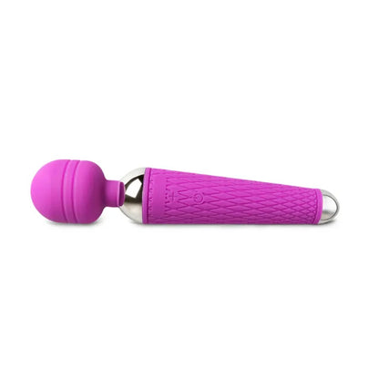 A purple, ten-speed rechargeable magic wand massager with a smooth, curved design.