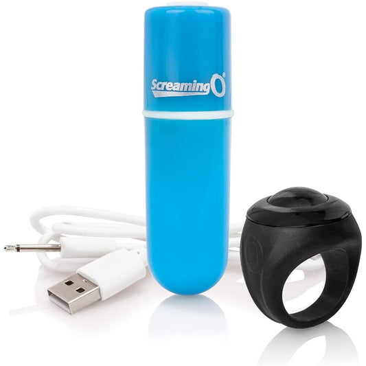 Blue remote control bullet vibrator from Screaming O, a mini pleasure device for intimate fun.
