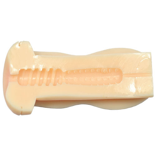 Black portable masturbator with an anal opening, crafted from a smooth, flexible material.