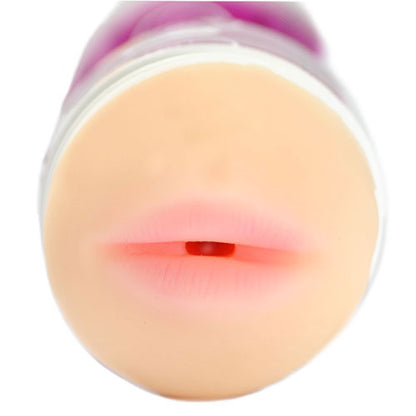 Black portable masturbator with a realistic mouth opening for solo male pleasure.