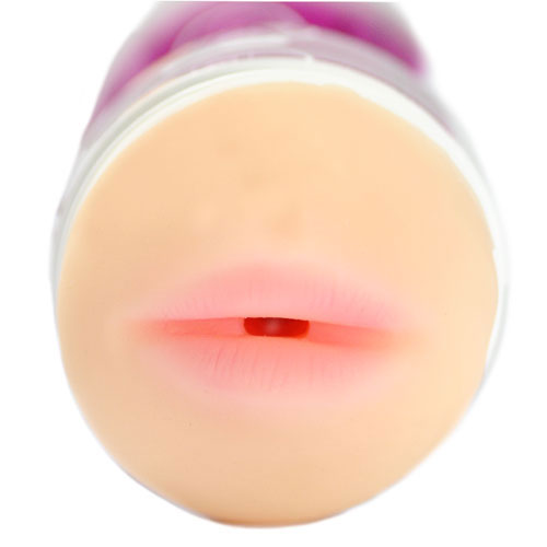 Black portable masturbator with a realistic mouth opening for solo male pleasure.