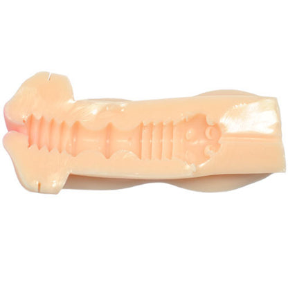Black portable masturbator toy with a realistic mouth opening, ready for use.