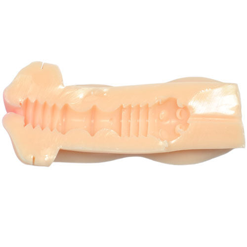Black portable masturbator toy with a realistic mouth opening, ready for use.