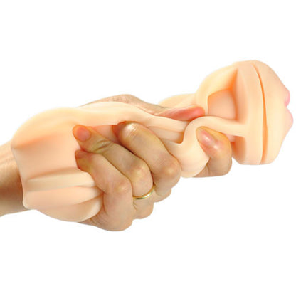 Black portable masturbator with a realistic mouth opening, for discreet personal pleasure.