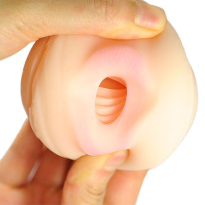 Black portable masturbator with a realistic mouth opening, a discreet pleasure aid.