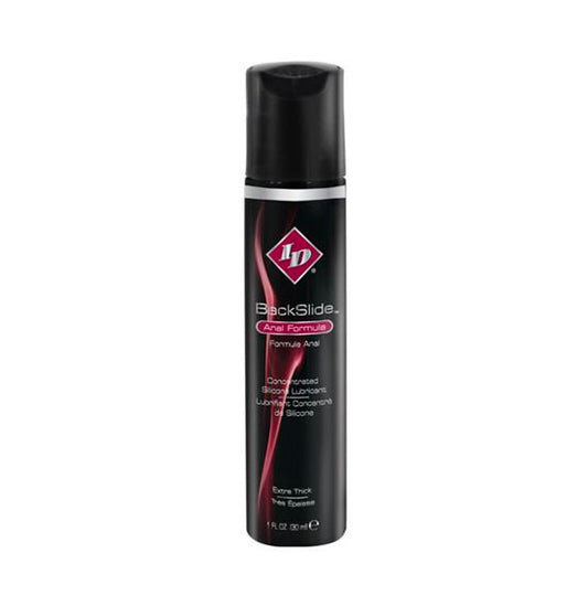 Bottle of id lube backslide anal formula lubricant, clear liquid in white bottle.