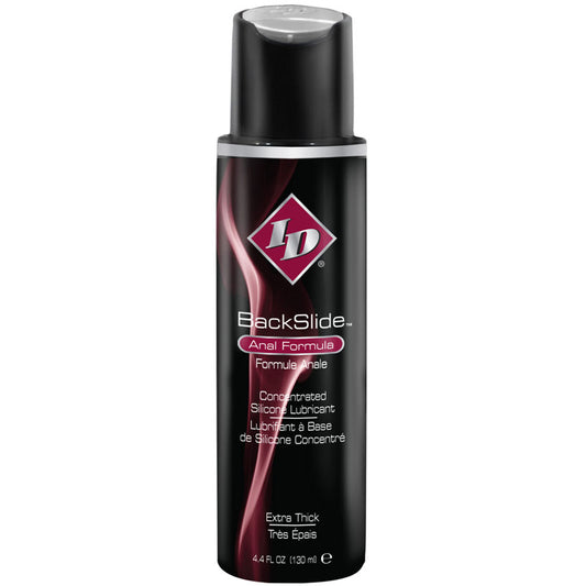 ID BackSlide anal lubricant in a white and blue bottle, for comfortable backdoor fun.