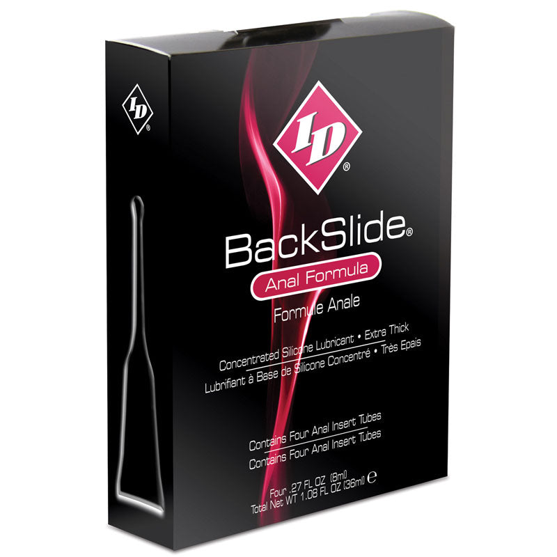 id backslide anal lubricant insert tubes, four clear plastic applicators filled with lube
