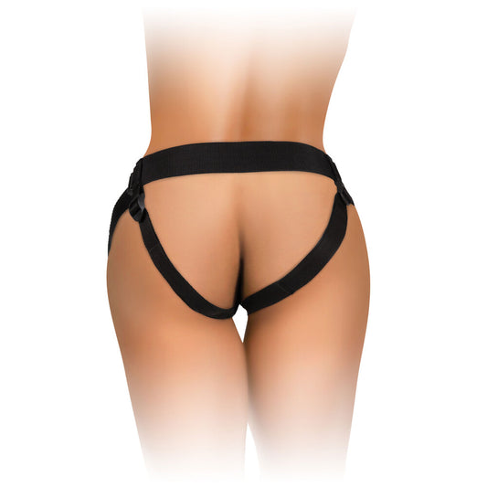 PipeDream king cock comfy body dock strap on harness, adjustable black fabric support.