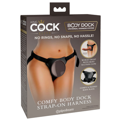 PipeDream king cock comfy body dock strap on harness in black, offering hands-free pleasure.