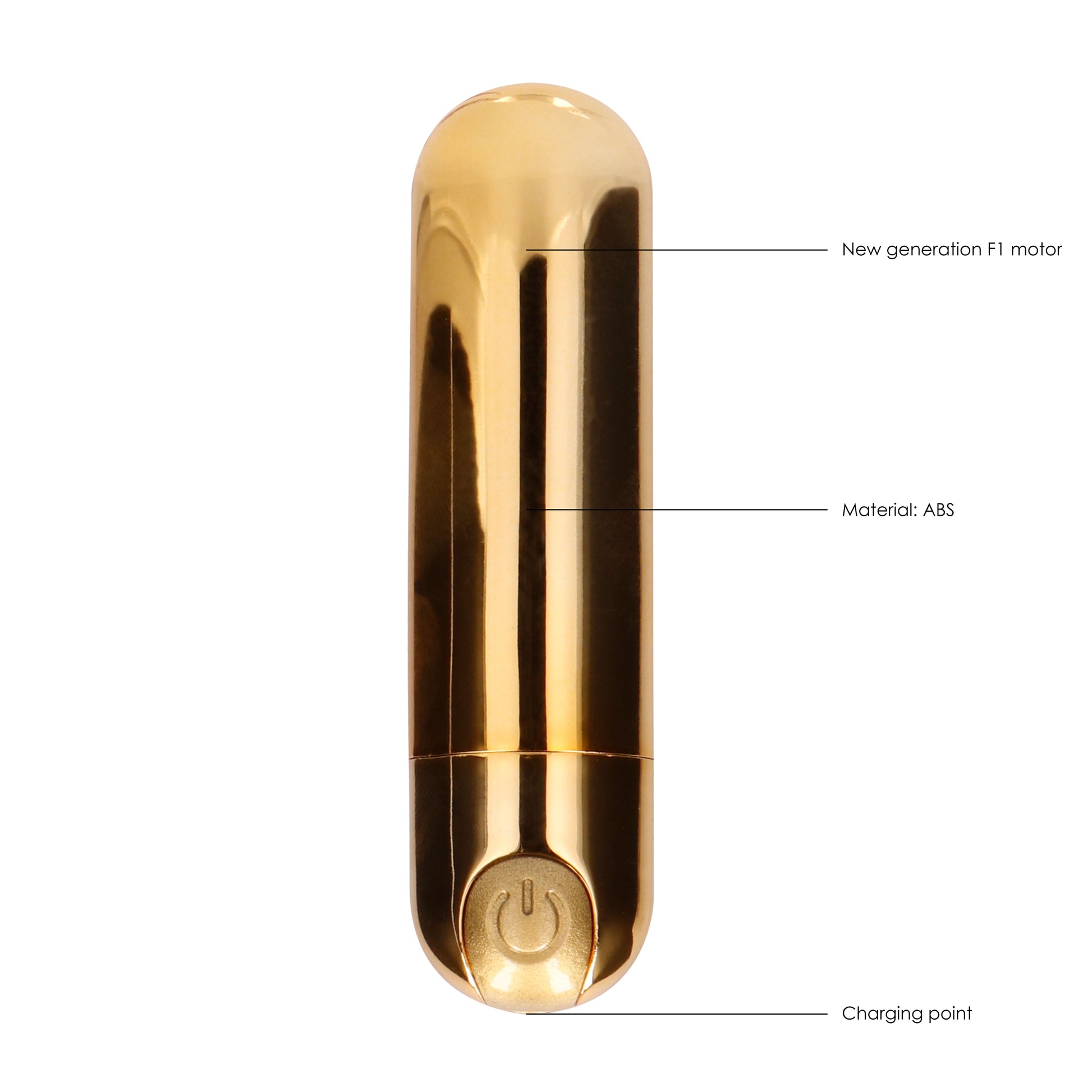 Gold-coloured mini bullet vibrator by Shots Toys, rechargeable and featuring 10 speeds.