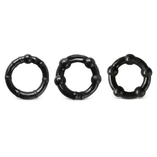 Selection of colourful beaded cockrings from various toy brands, designed to enhance your love life.
