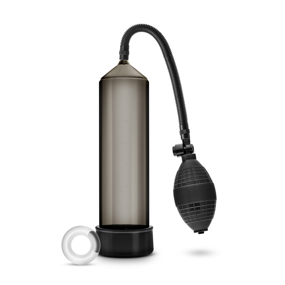 blush novelties performance vx101 male enhancement pump, clear cylinder with black comfort grip.