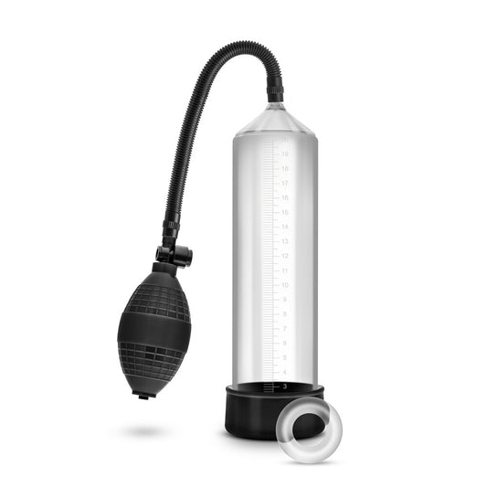 blush novelties performance vx101 male enhancement pump for penis enlargement, clear cylinder, black handle.