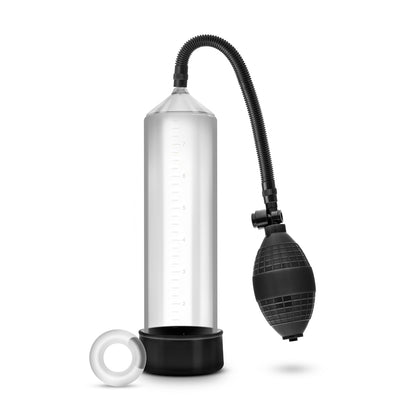 Blush Novelties penis enlargement pump, clear cylinder with pressure gauge and black handle.