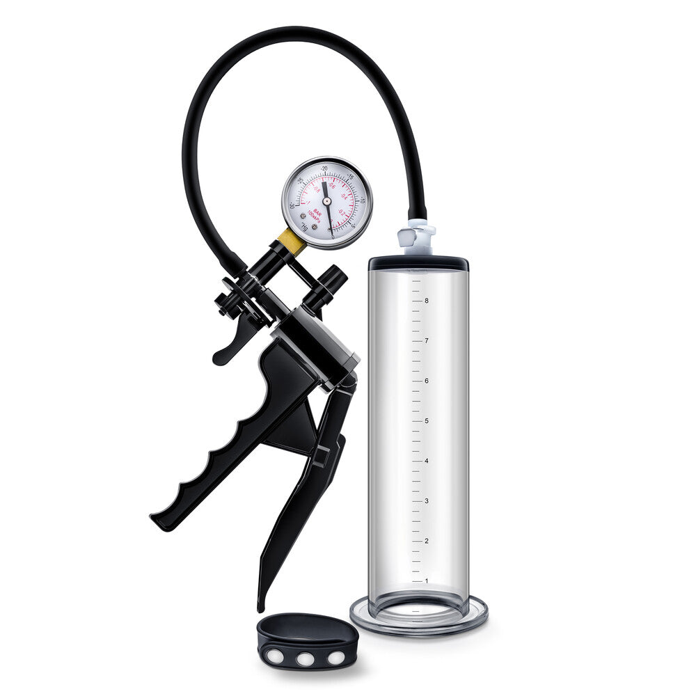 Blush Novelties Performance VX8 penis pump, clear cylinder with grey grip and gauge.